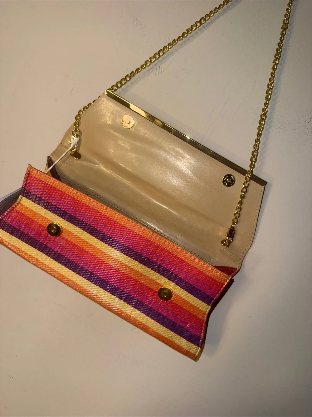 Striped Pink & Orange Chain-Handle Shoulder Clutch